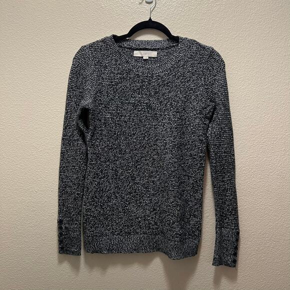 LOFT Sweater Black White Knitted Top Crewneck 100% Cotton Pullover Sz S - Picture 2 of 6